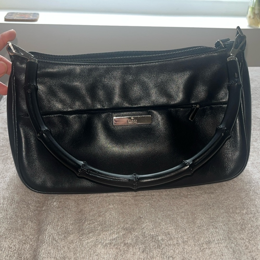 Gucci Black Leather Handbag Bamboo Handle